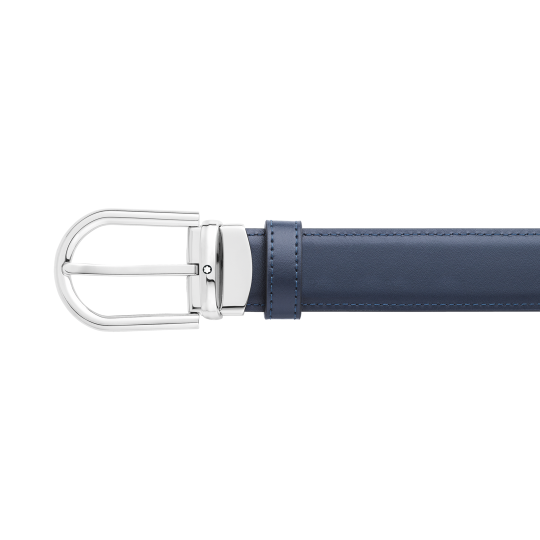 Cinturón reversible de piel negra y azul de 30 mm con hebilla en forma de herradura