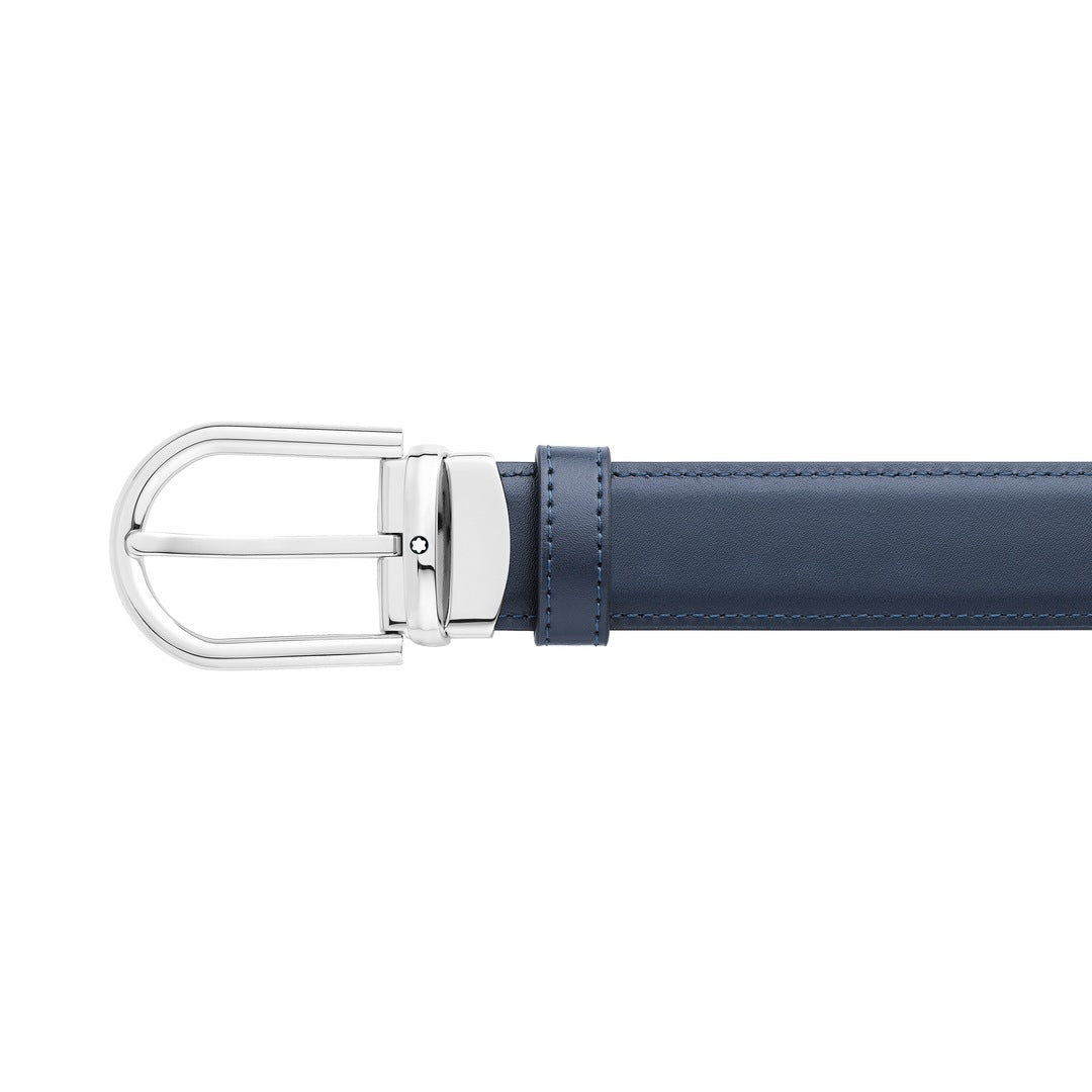 Cinturón reversible de piel negra y azul de 30 mm con hebilla en forma de herradura