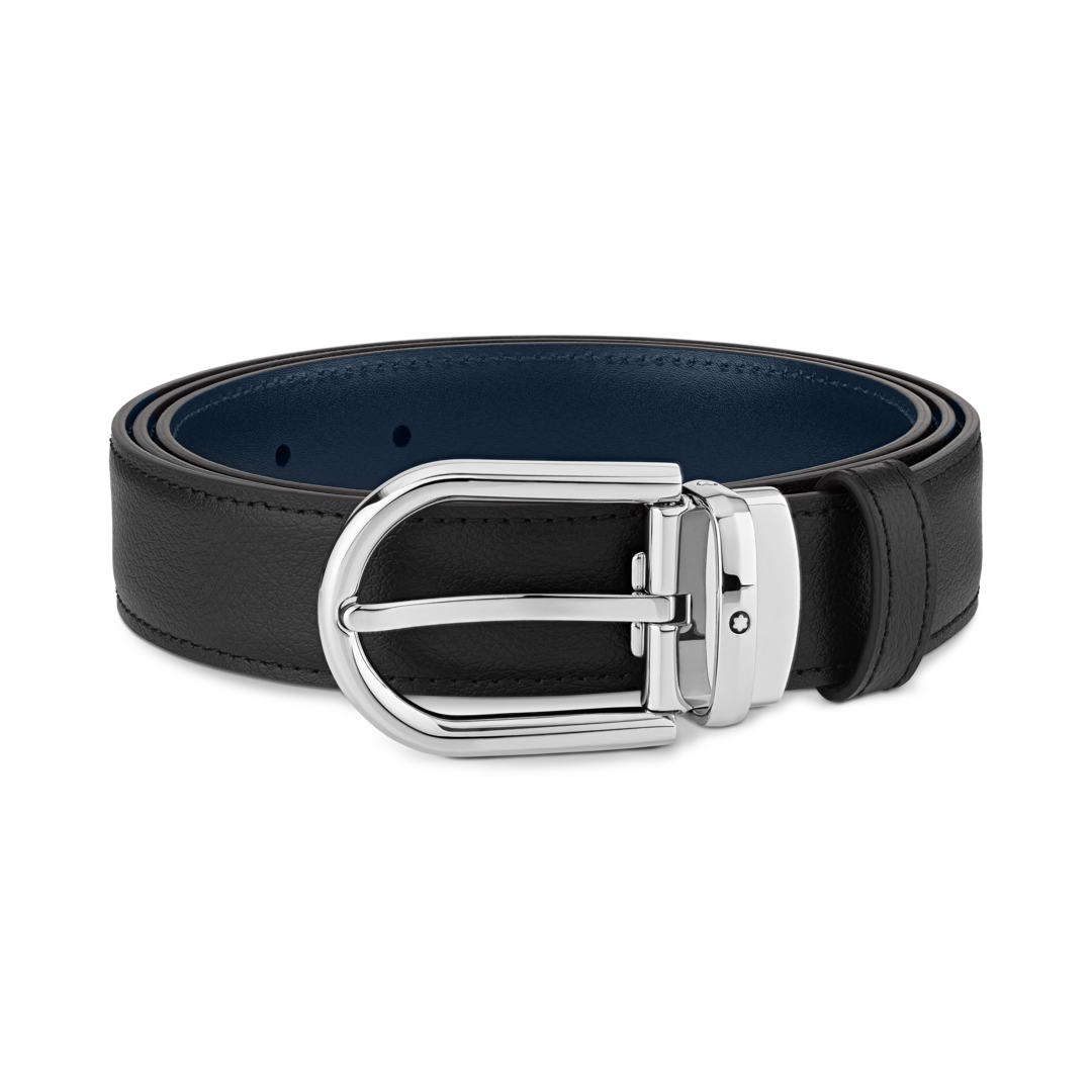 Cinturón reversible de piel negra y azul de 30 mm con hebilla en forma de herradura